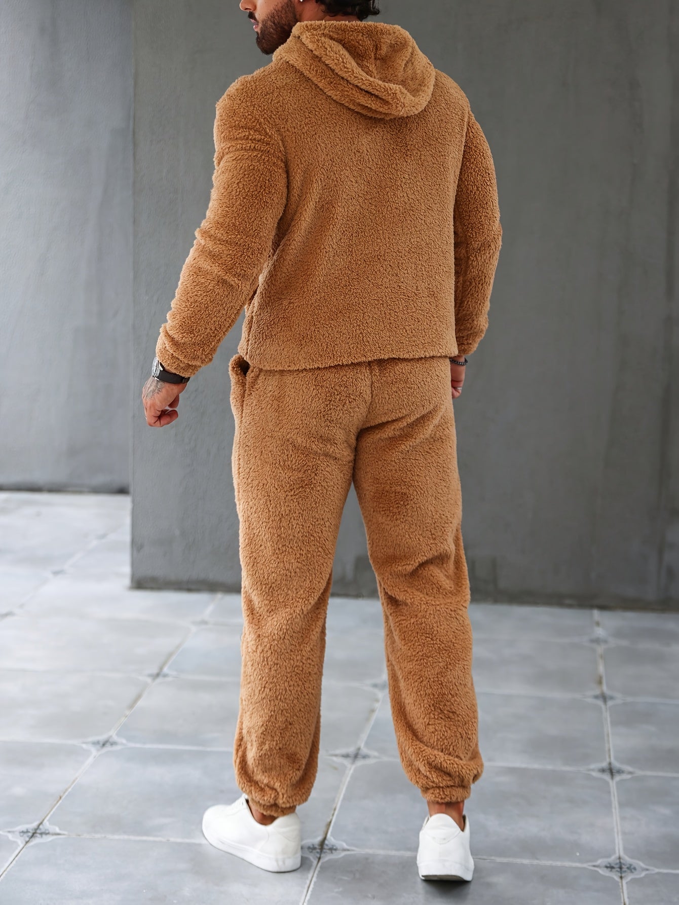 Men's Fuzzy Fleece 2Pcs Outfits, Casual Hoodies Long Sleeve Hooded Sweatshirt And Sweatpants Joggers Set For Winter Fall, Men's Clothing