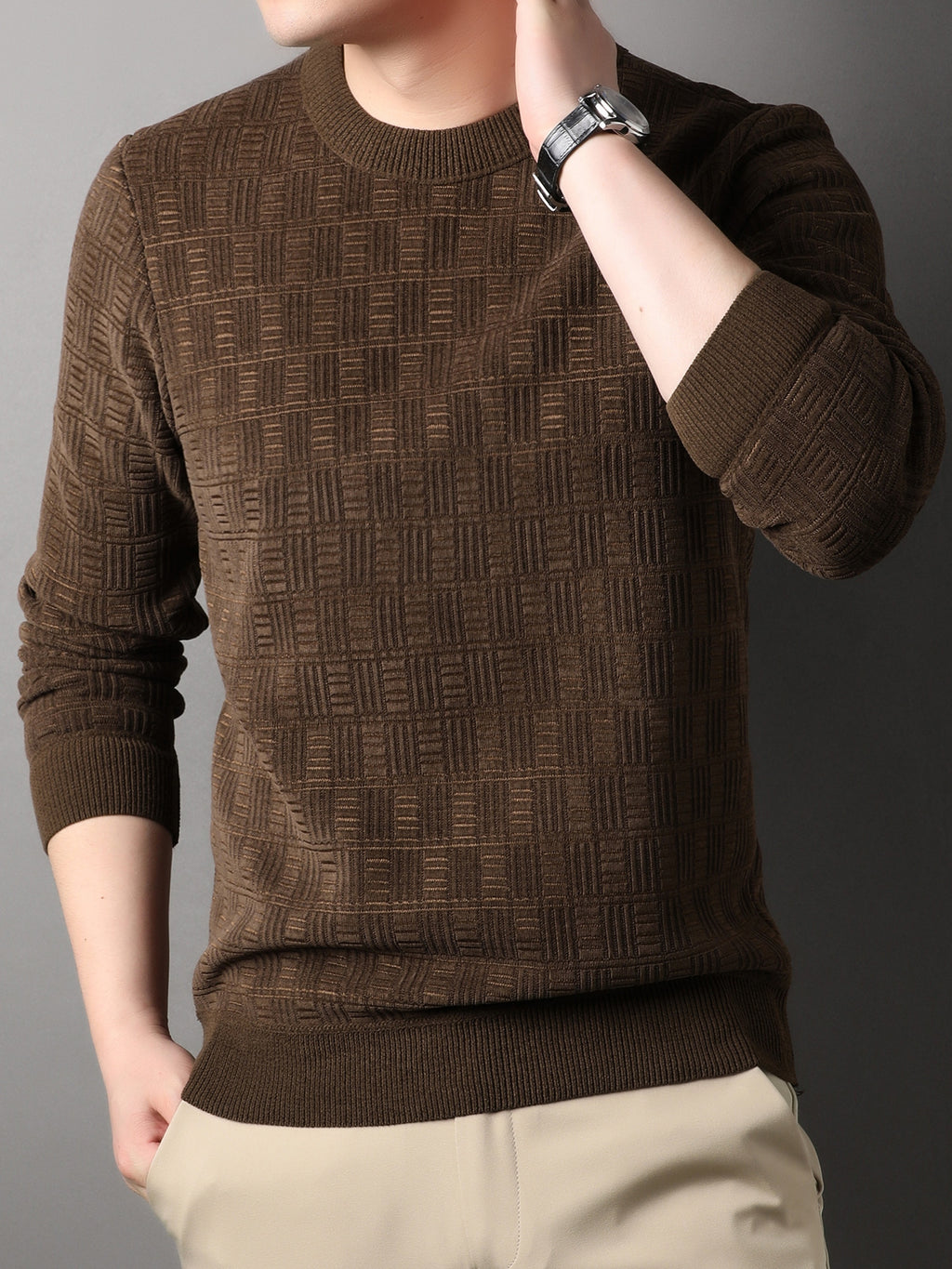 Men'S Heavyweight Winter Sweater - Thick Warm Pullover Sweater with Round Neck, Long Sleeve Casual Sweater for Cold Weather, Solid Color /Brown/, Winter Clothes, BrownRed/, Knit Sweater, Knitted Texture