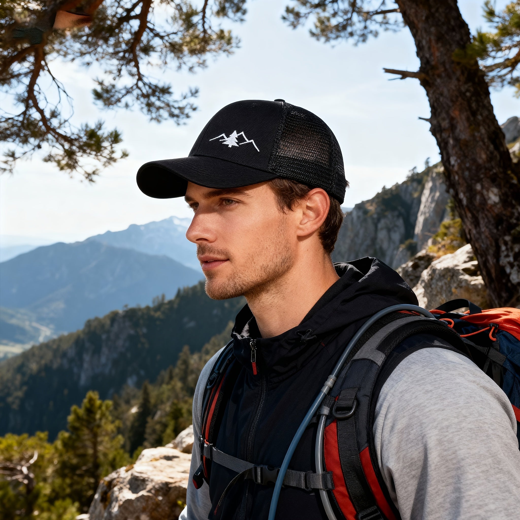 [Retro Washed Mesh Hat] Vintage Pine Tree Embroidered Trucker Cap | Retro Washed Mesh Hat, Outdoor Forest Style Baseball Cap for Men and Women