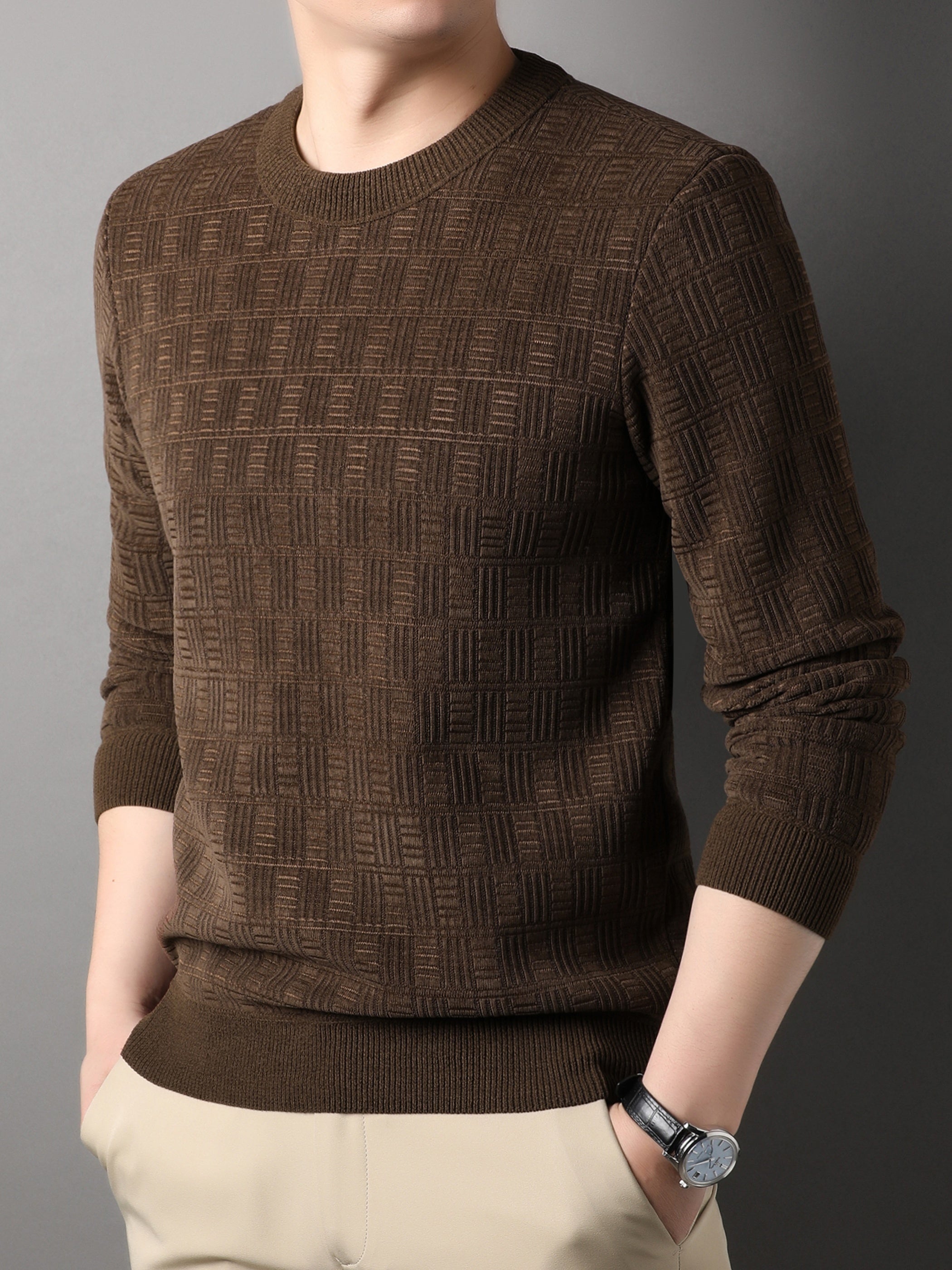 Men'S Heavyweight Winter Sweater - Thick Warm Pullover Sweater with Round Neck, Long Sleeve Casual Sweater for Cold Weather, Solid Color /Brown/, Winter Clothes, BrownRed/, Knit Sweater, Knitted Texture