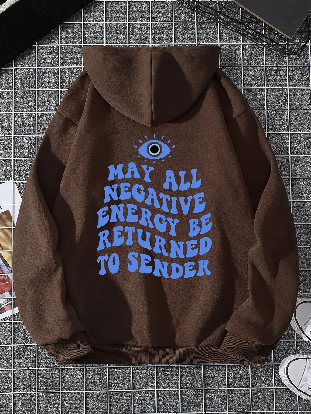 Big Eye & Sentence Print Hoodie, Casual Drawstring Kangaroo Pocket Hoodies Sweatshirt, Women's Clothing