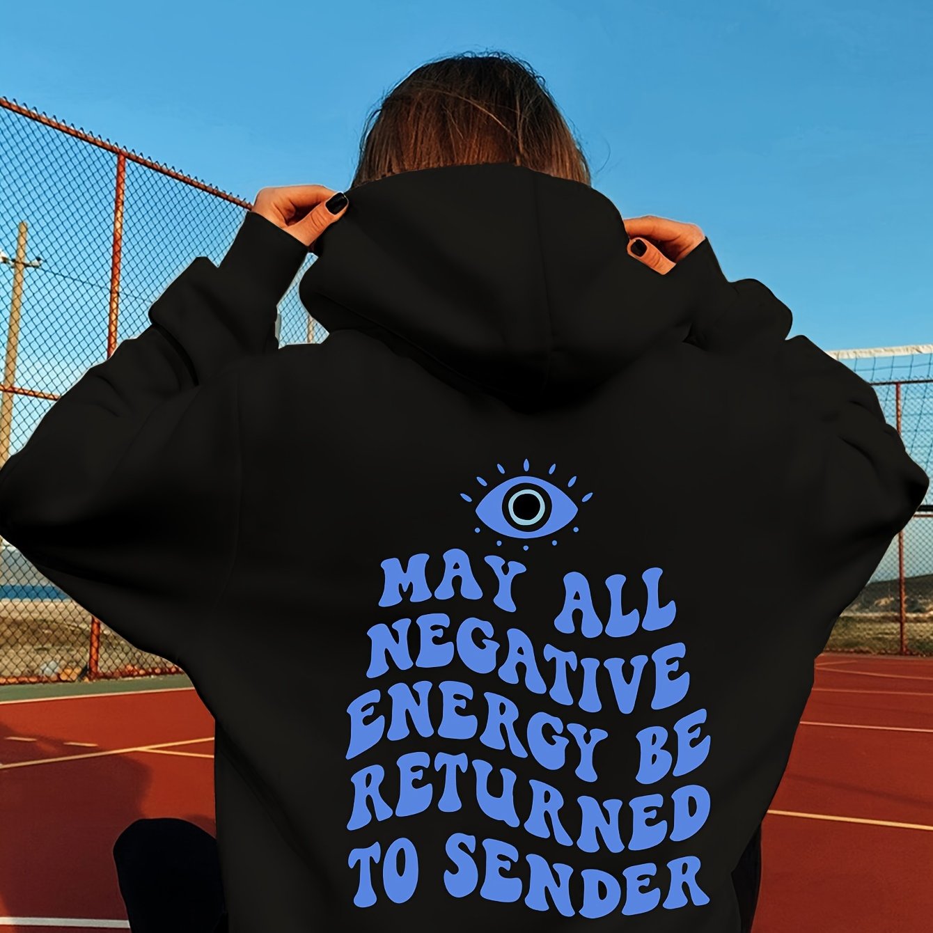 Big Eye & Sentence Print Hoodie, Casual Drawstring Kangaroo Pocket Hoodies Sweatshirt, Women's Clothing