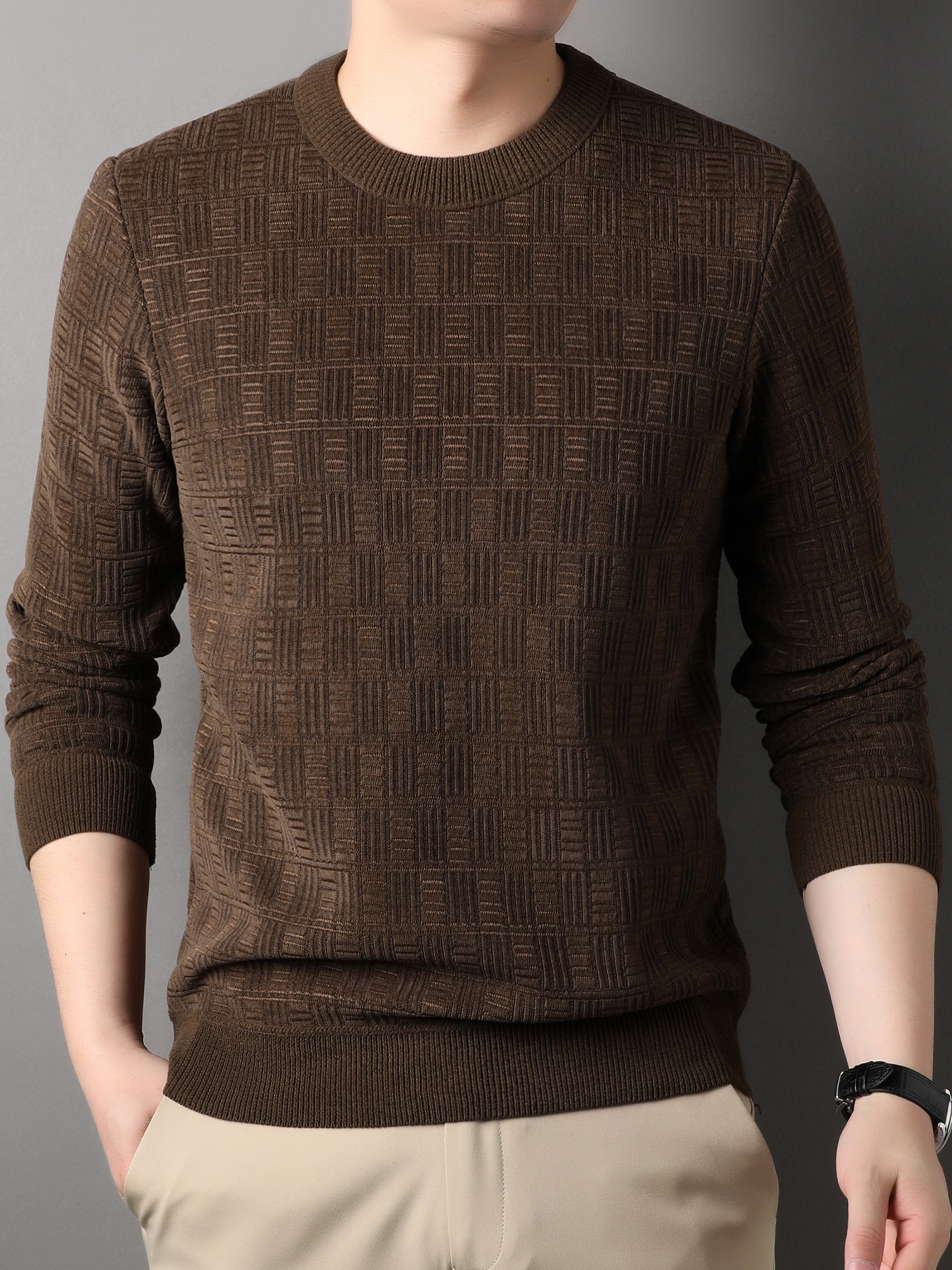 Men'S Heavyweight Winter Sweater - Thick Warm Pullover Sweater with Round Neck, Long Sleeve Casual Sweater for Cold Weather, Solid Color /Brown/, Winter Clothes, BrownRed/, Knit Sweater, Knitted Texture