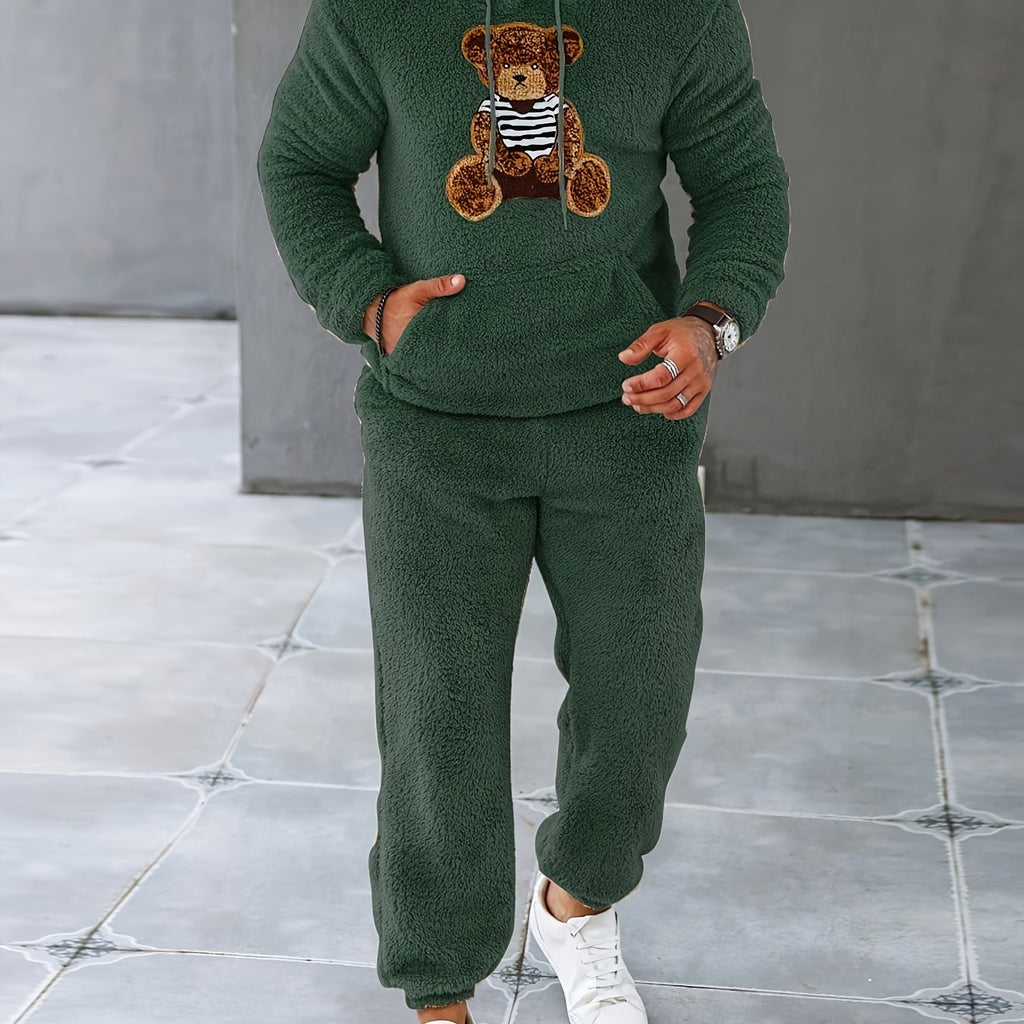 Men's Fuzzy Fleece 2Pcs Outfits, Casual Hoodies Long Sleeve Hooded Sweatshirt And Sweatpants Joggers Set For Winter Fall, Men's Clothing