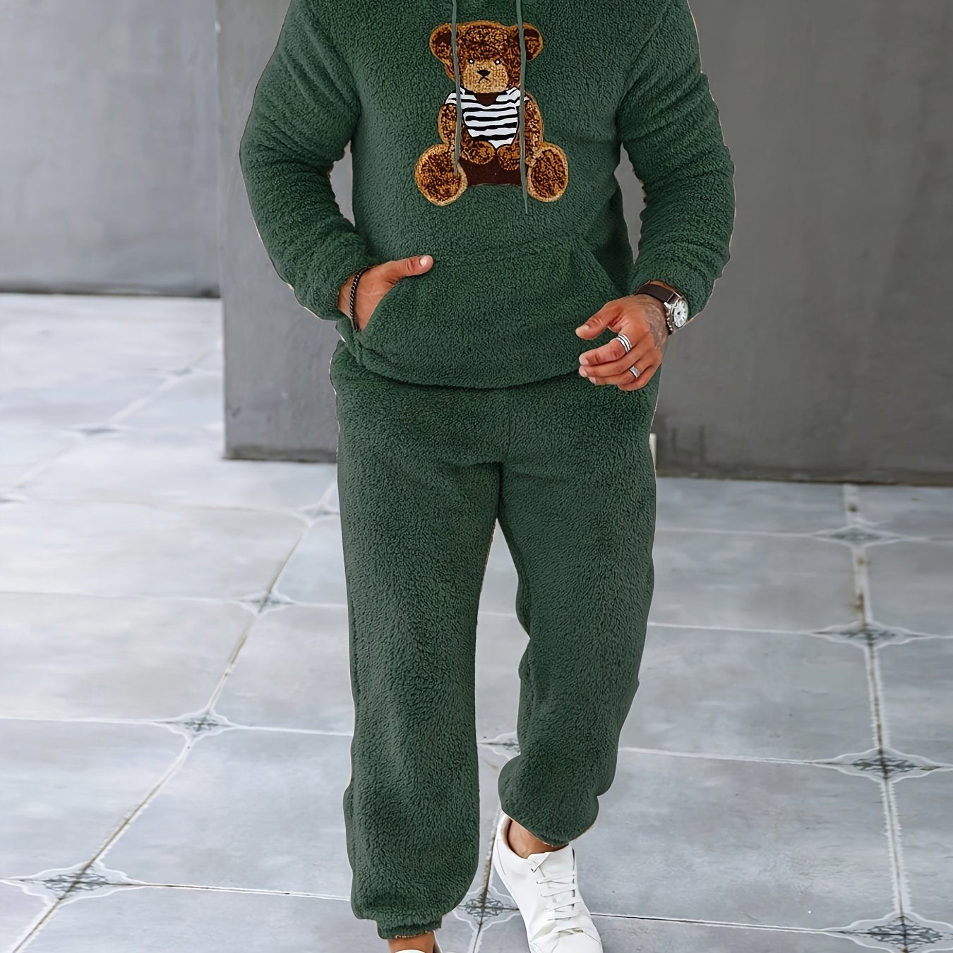 Men's Fuzzy Fleece 2Pcs Outfits, Casual Hoodies Long Sleeve Hooded Sweatshirt And Sweatpants Joggers Set For Winter Fall, Men's Clothing