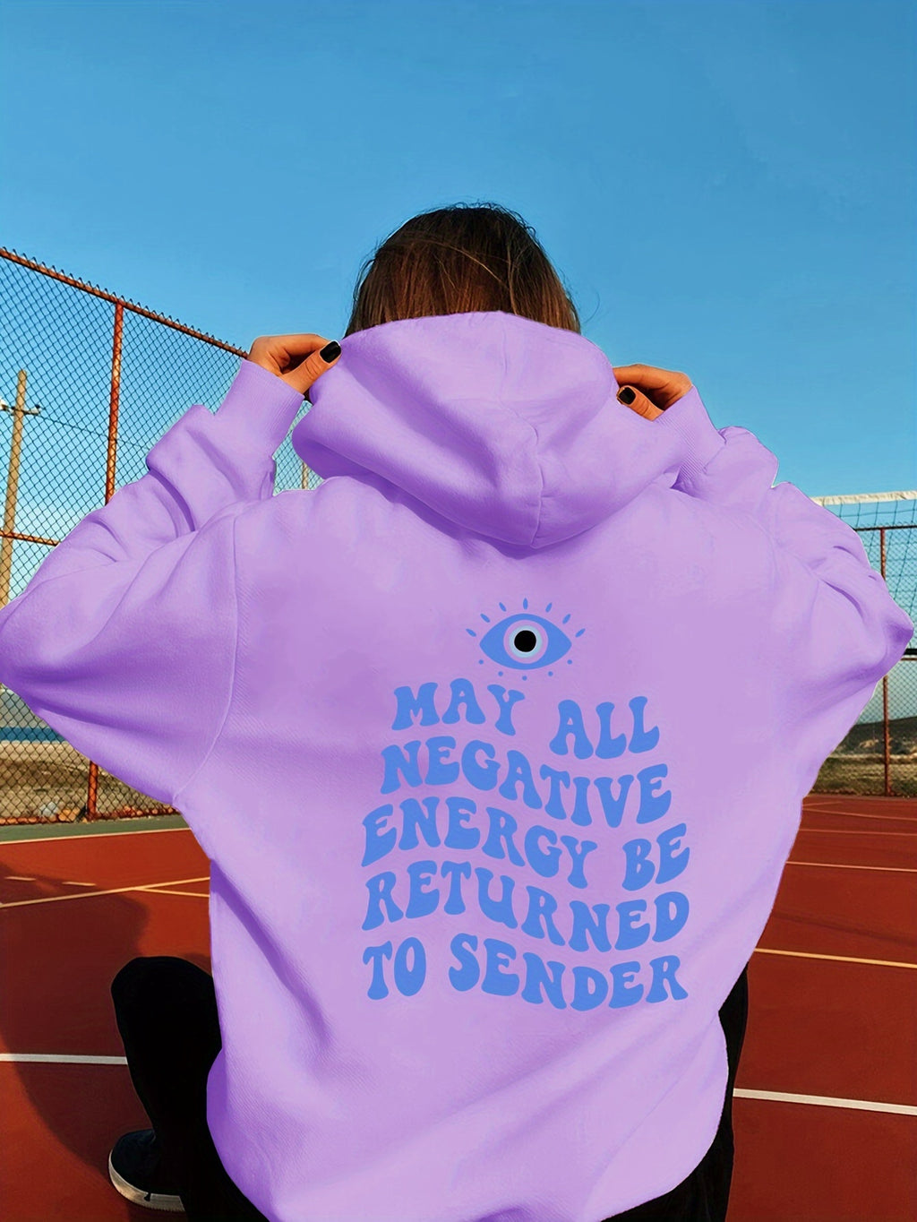 Big Eye & Sentence Print Hoodie, Casual Drawstring Kangaroo Pocket Hoodies Sweatshirt, Women's Clothing