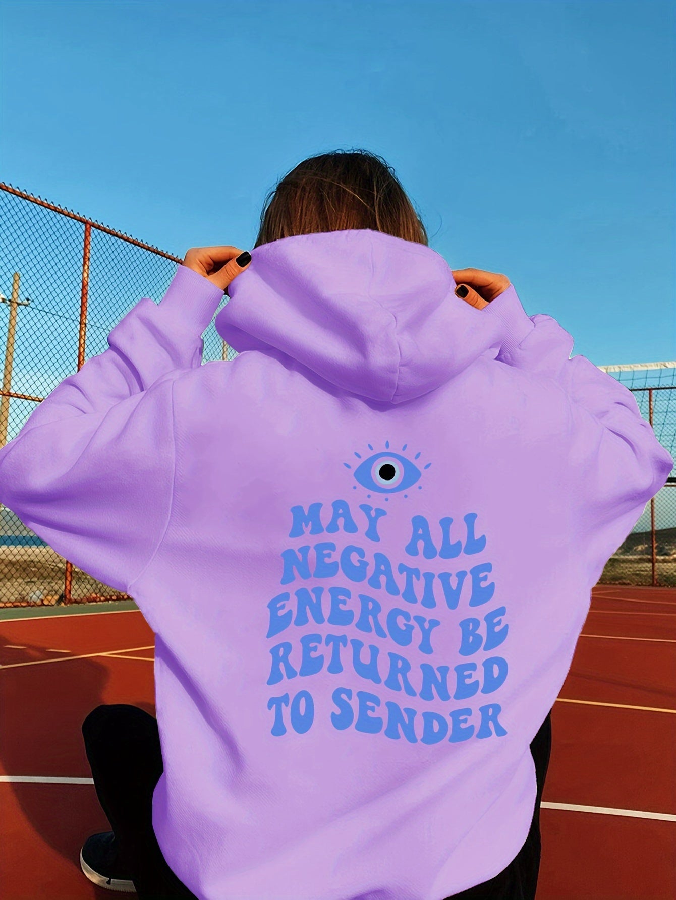 Big Eye & Sentence Print Hoodie, Casual Drawstring Kangaroo Pocket Hoodies Sweatshirt, Women's Clothing