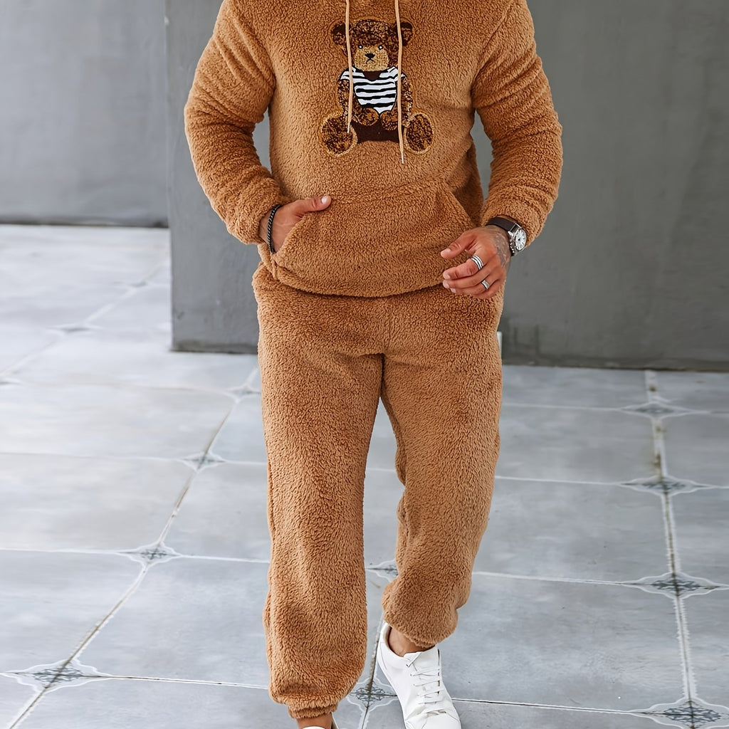 Men's Fuzzy Fleece 2Pcs Outfits, Casual Hoodies Long Sleeve Hooded Sweatshirt And Sweatpants Joggers Set For Winter Fall, Men's Clothing