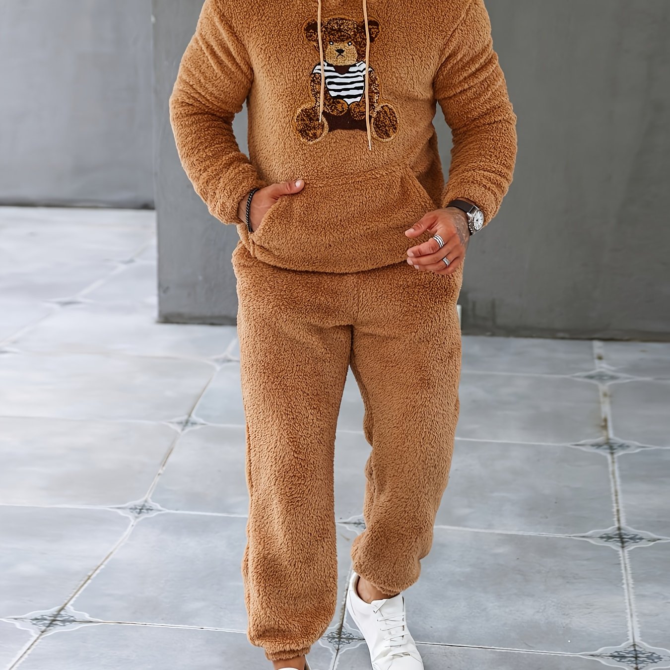 Men's Fuzzy Fleece 2Pcs Outfits, Casual Hoodies Long Sleeve Hooded Sweatshirt And Sweatpants Joggers Set For Winter Fall, Men's Clothing