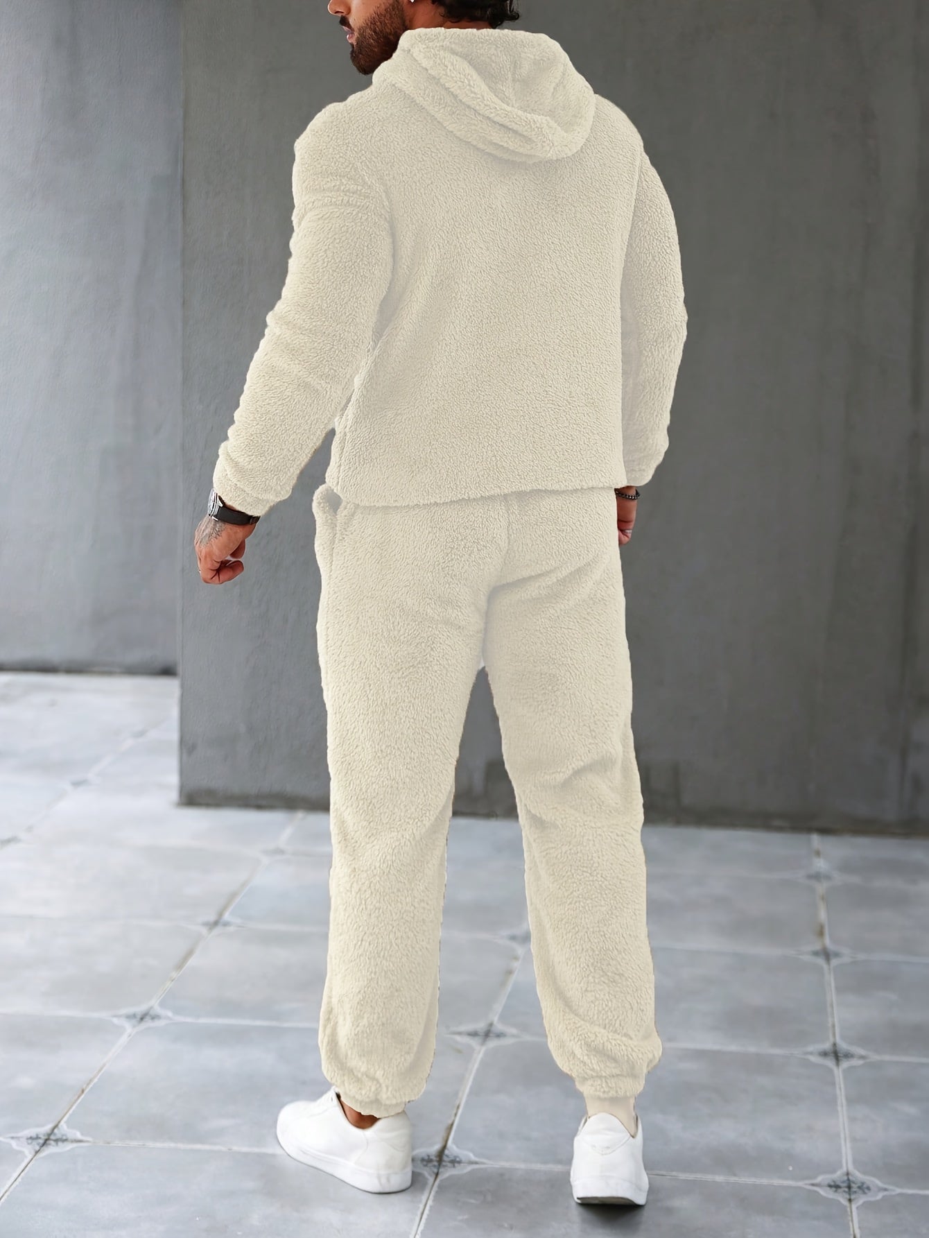 Men's Fuzzy Fleece 2Pcs Outfits, Casual Hoodies Long Sleeve Hooded Sweatshirt And Sweatpants Joggers Set For Winter Fall, Men's Clothing