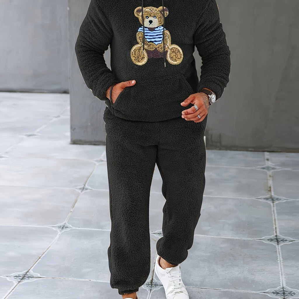 Men's Fuzzy Fleece 2Pcs Outfits, Casual Hoodies Long Sleeve Hooded Sweatshirt And Sweatpants Joggers Set For Winter Fall, Men's Clothing