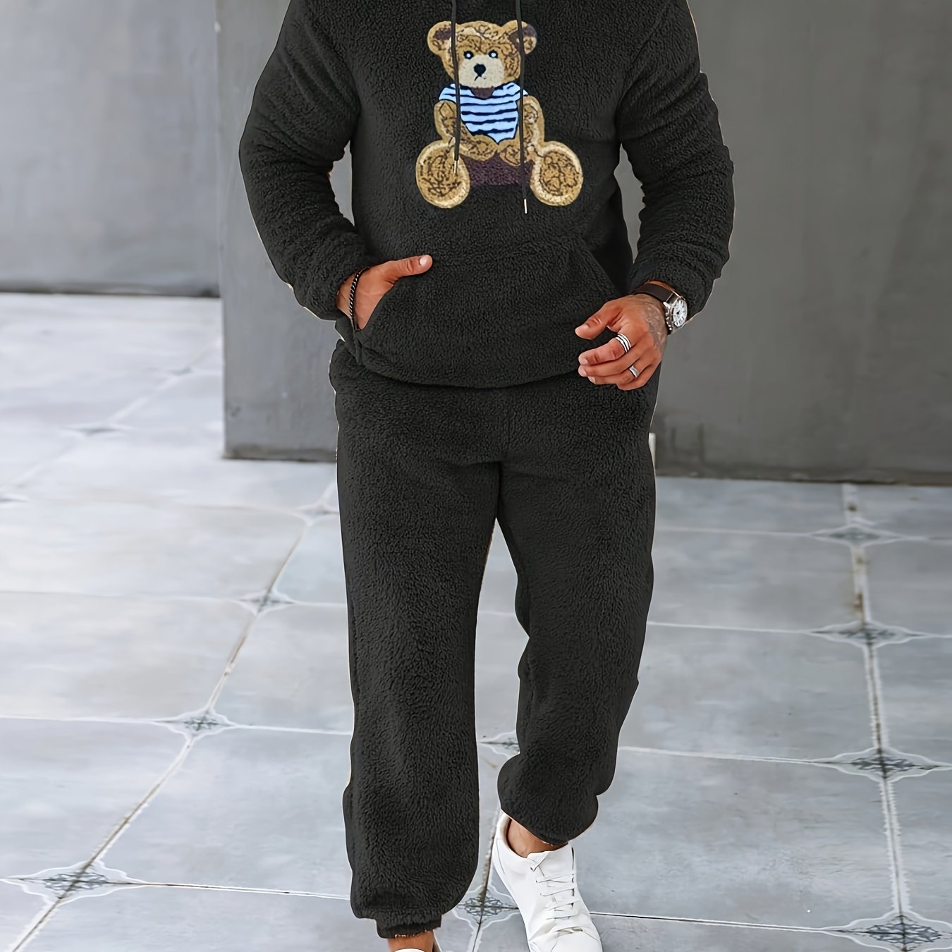 Men's Fuzzy Fleece 2Pcs Outfits, Casual Hoodies Long Sleeve Hooded Sweatshirt And Sweatpants Joggers Set For Winter Fall, Men's Clothing