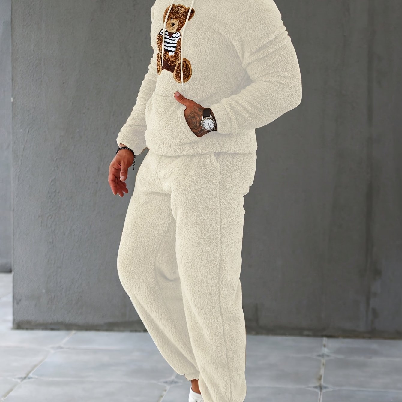 Men's Fuzzy Fleece 2Pcs Outfits, Casual Hoodies Long Sleeve Hooded Sweatshirt And Sweatpants Joggers Set For Winter Fall, Men's Clothing