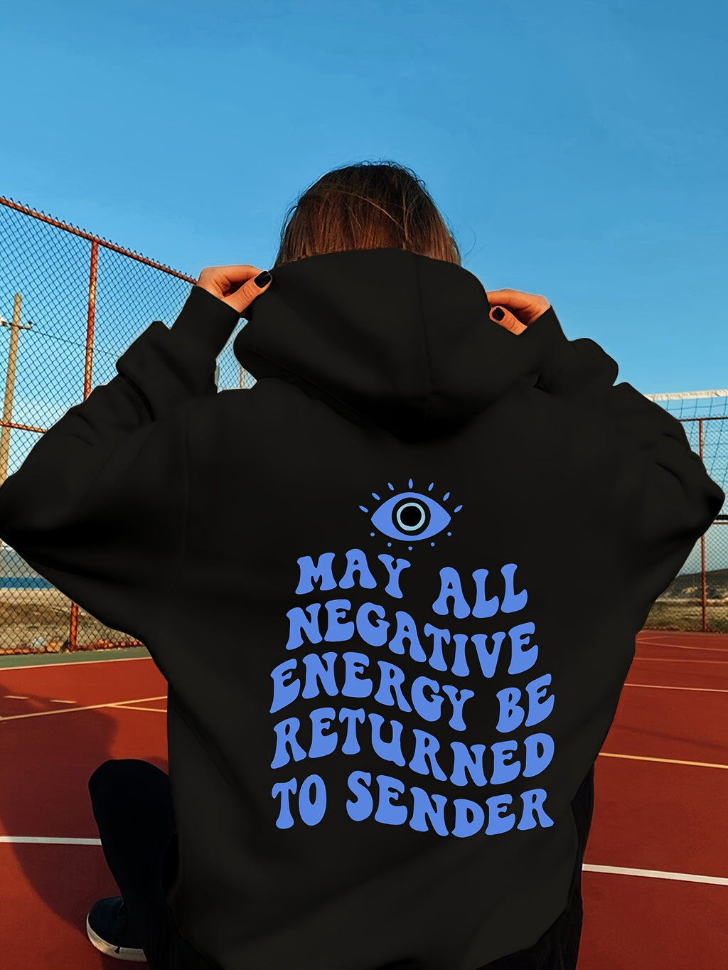 Big Eye & Sentence Print Hoodie, Casual Drawstring Kangaroo Pocket Hoodies Sweatshirt, Women's Clothing