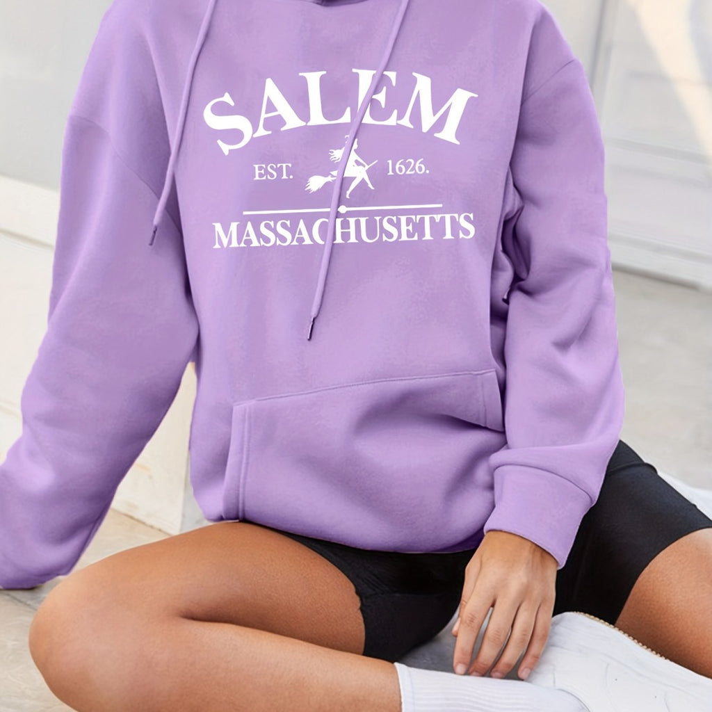 Halloween Flying Witch Print Hoodie, Vintage Drawstring Kangaroo Pocket Hoodies Sweatshirt, Women's Clothing