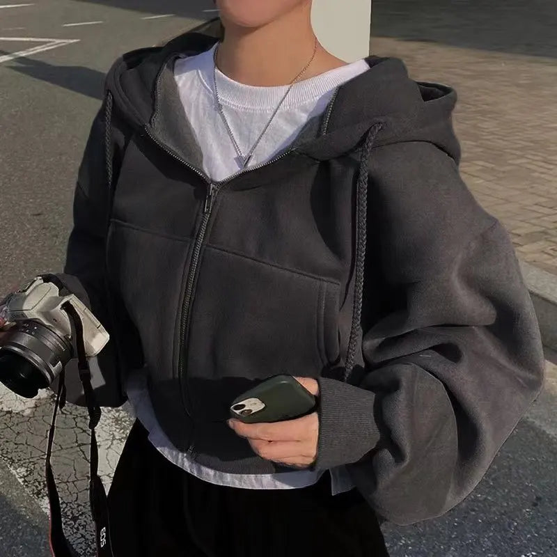 Korean Hood Shirt Women Fashion Fleece Lined Loose Hoodies Zipper Long Sleeve Crop Tops Harajuku Female Jackets Coats Sweatshirt