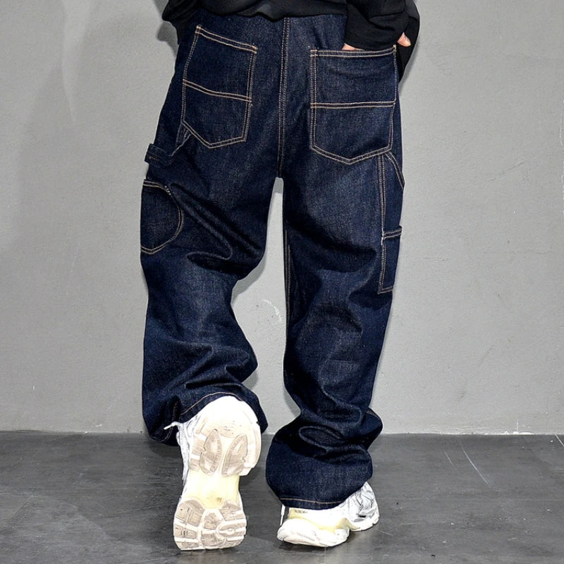 ‌Japanese Retro Washed Dark Blue Workwear Jeans Men Loose Straight Denim Pants Casual Skateboard Stacked Long Trousers Trendy