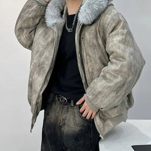 Cotton jacket with fur collar eagle embroidered and tie-dyeed winter men's design outdoor jacket thick and comfortable