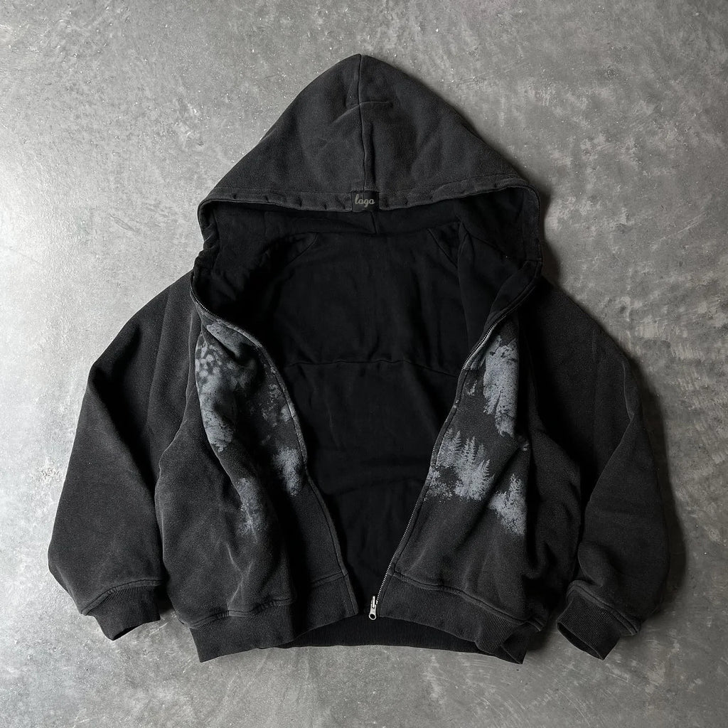 Men Hoodie Zip Up Sweatshirt Dark Tone Abstract Print Gothic Style Edgy Casual Layer Soft Cotton Fabric Versatile Top Selling