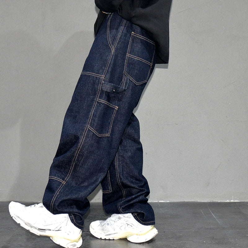 ‌Japanese Retro Washed Dark Blue Workwear Jeans Men Loose Straight Denim Pants Casual Skateboard Stacked Long Trousers Trendy