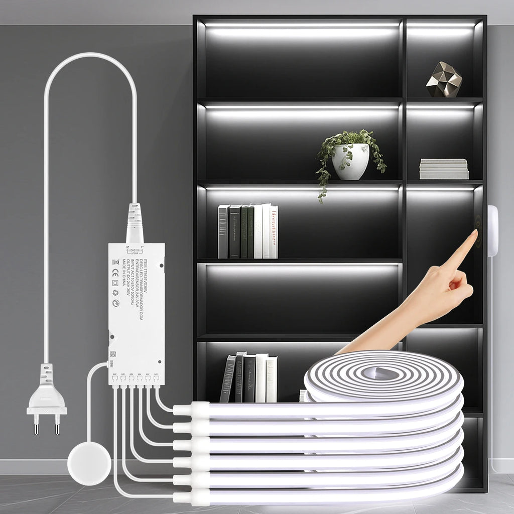 Dimmable Hand Scan Touch Sensor Neon COB LED Strip Light 24V Under Cabinet Collection Display Bookcase Wardrobe Closet Lamp Deco
