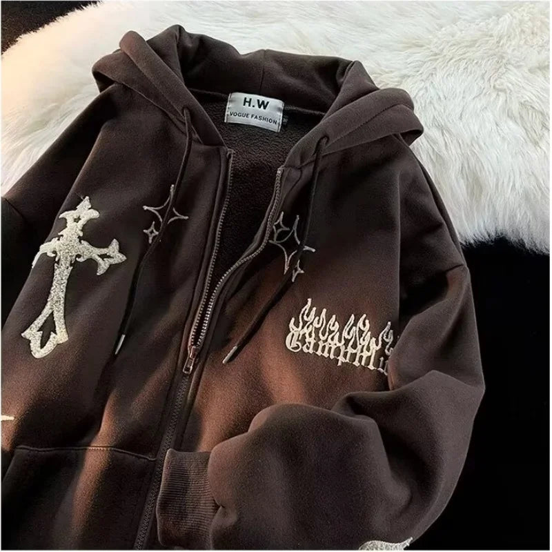 Retro Y2K Autumn Winter Hooded Coats Fashion Women Long Sleeve Embroidered Cross Fire Jackets Casual Streetwear Sweatshirts