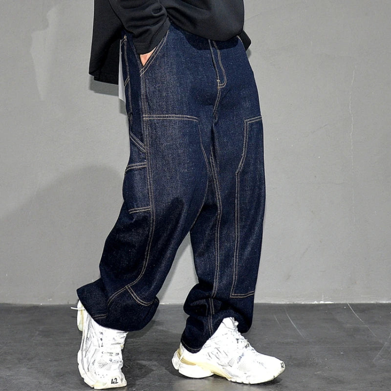 ‌Japanese Retro Washed Dark Blue Workwear Jeans Men Loose Straight Denim Pants Casual Skateboard Stacked Long Trousers Trendy
