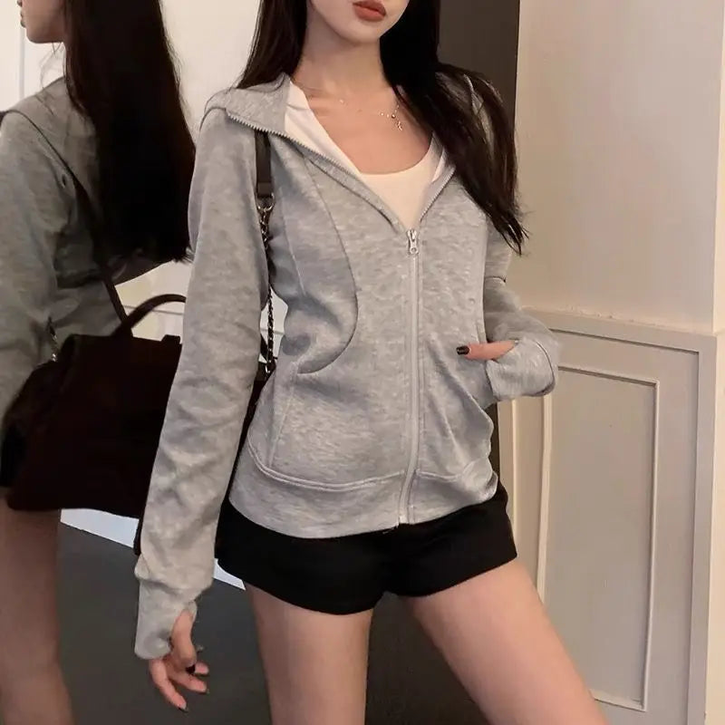 Streetwear Black Hoodie Coat 2025 Women's Clothing Hooded Zipper Slim Fit Y2k Jackets Casual Fashion Sweatshirts Tops Ropa Mujer