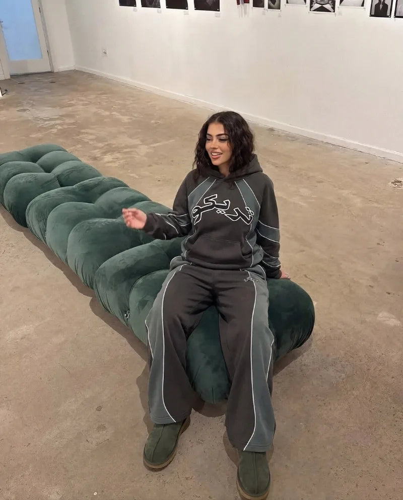 New Striped Splicing Letter Embroidery Sports Suit for Couples American Y2k Trendy Hoodie Hip-hop Harajuku Retro Sweatpants Men