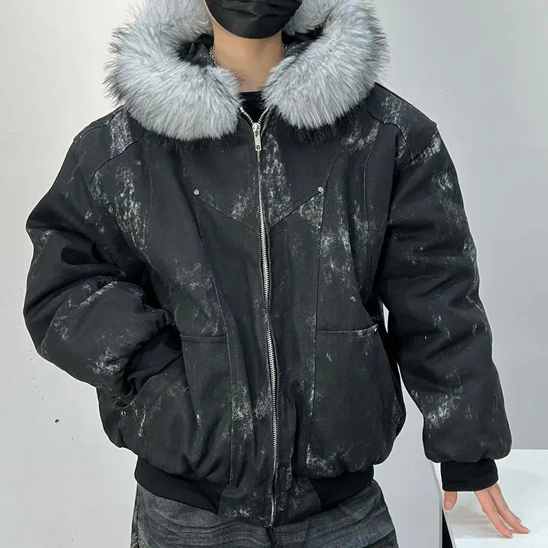 Cotton jacket with fur collar eagle embroidered and tie-dyeed winter men's design outdoor jacket thick and comfortable