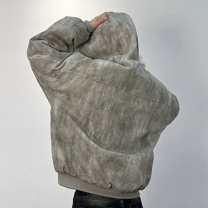 Cotton jacket with fur collar eagle embroidered and tie-dyeed winter men's design outdoor jacket thick and comfortable