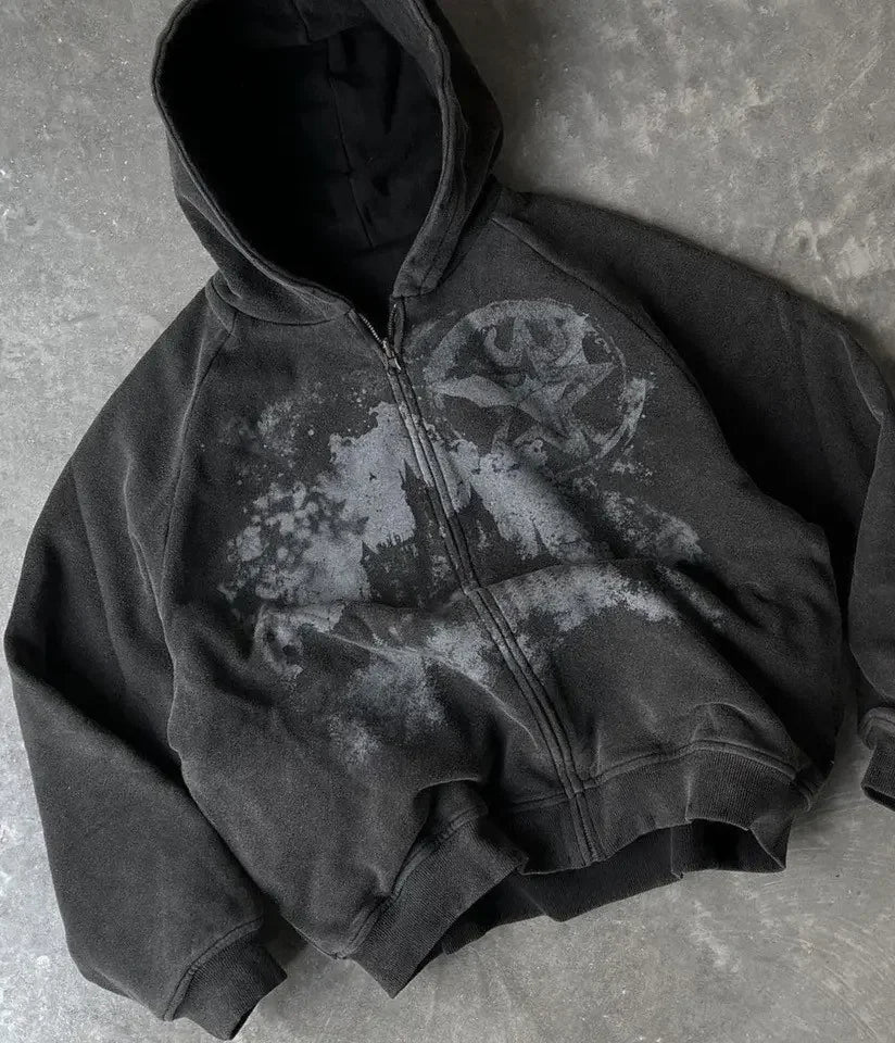 Men Hoodie Zip Up Sweatshirt Dark Tone Abstract Print Gothic Style Edgy Casual Layer Soft Cotton Fabric Versatile Top Selling
