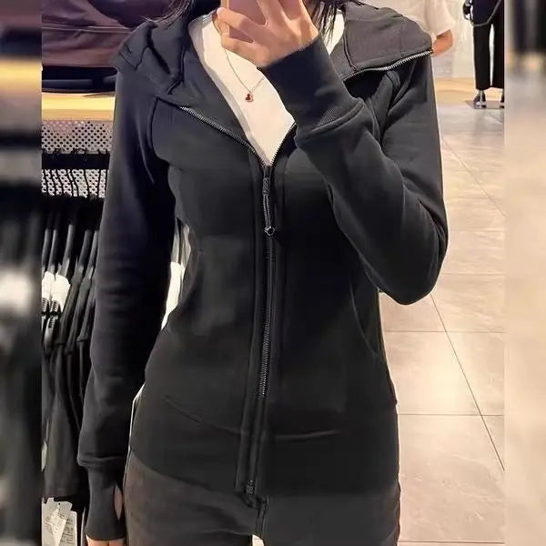 Streetwear Black Hoodie Coat 2025 Women's Clothing Hooded Zipper Slim Fit Y2k Jackets Casual Fashion Sweatshirts Tops Ropa Mujer