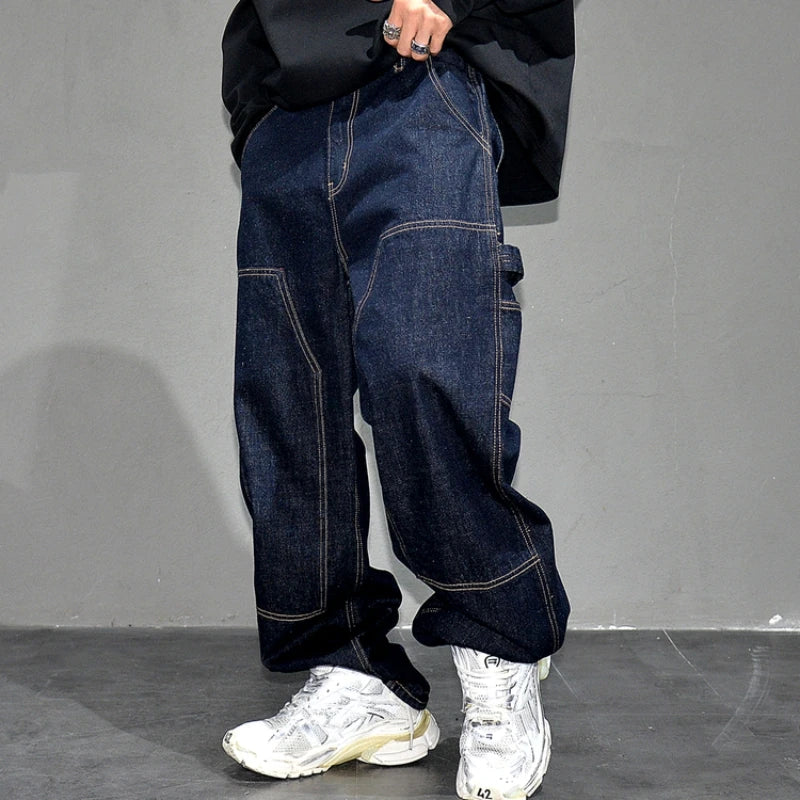 ‌Japanese Retro Washed Dark Blue Workwear Jeans Men Loose Straight Denim Pants Casual Skateboard Stacked Long Trousers Trendy