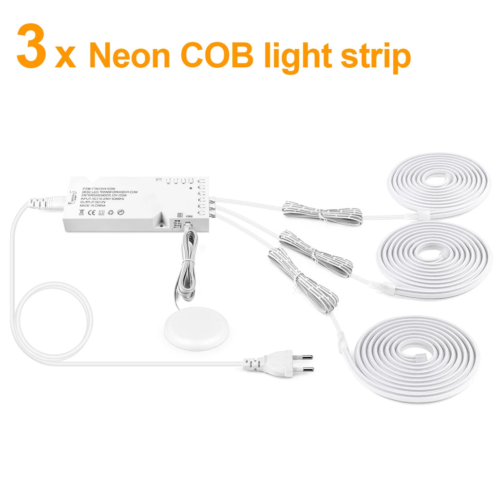Dimmable Hand Scan Touch Sensor Neon COB LED Strip Light 24V Under Cabinet Collection Display Bookcase Wardrobe Closet Lamp Deco