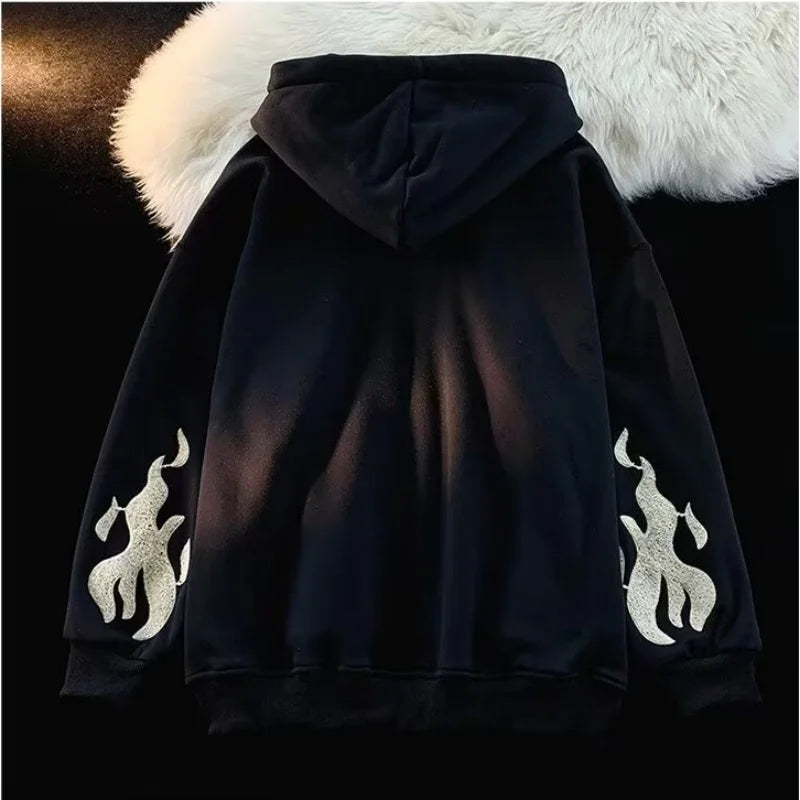 Retro Y2K Autumn Winter Hooded Coats Fashion Women Long Sleeve Embroidered Cross Fire Jackets Casual Streetwear Sweatshirts