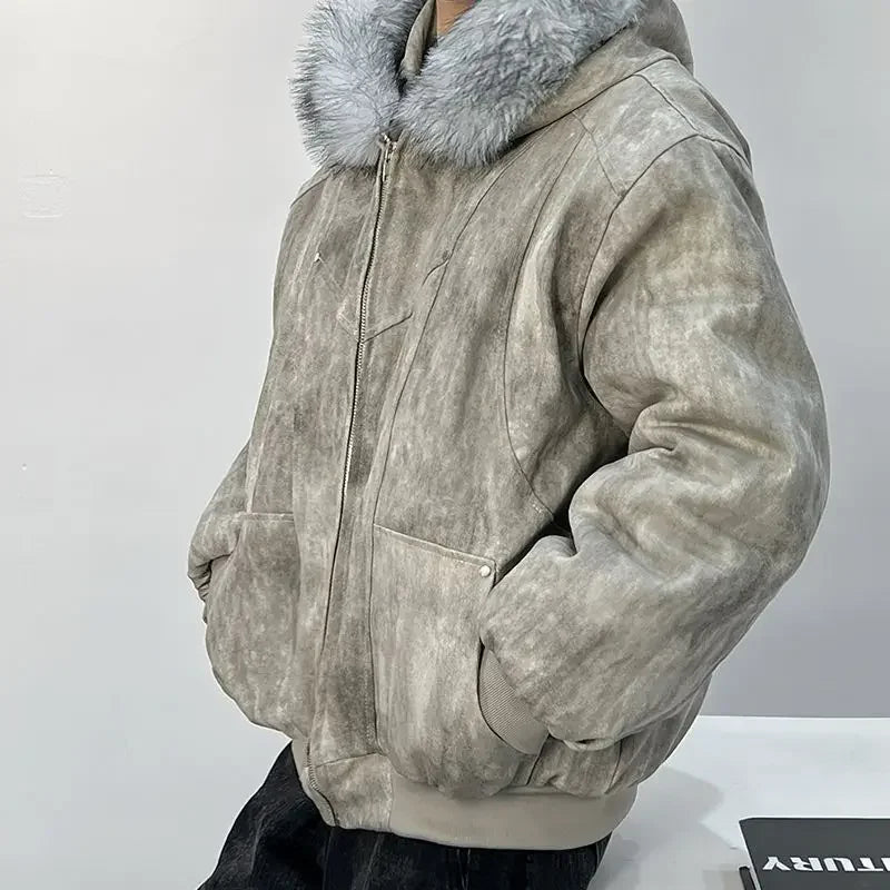 Cotton jacket with fur collar eagle embroidered and tie-dyeed winter men's design outdoor jacket thick and comfortable
