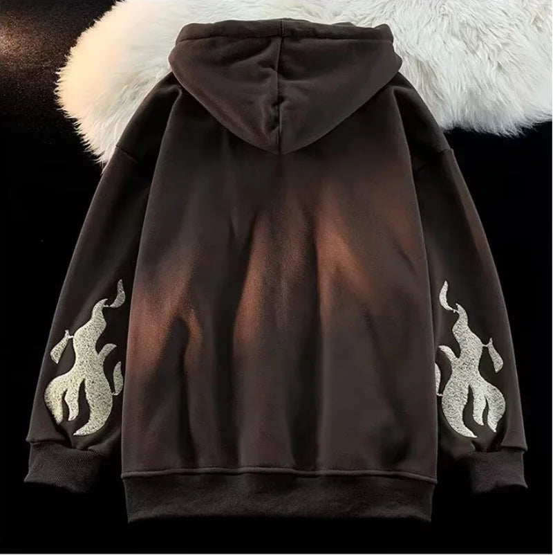 Retro Y2K Autumn Winter Hooded Coats Fashion Women Long Sleeve Embroidered Cross Fire Jackets Casual Streetwear Sweatshirts