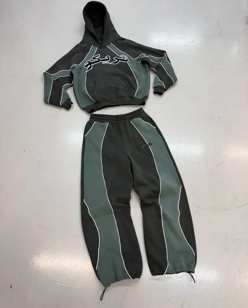 New Striped Splicing Letter Embroidery Sports Suit for Couples American Y2k Trendy Hoodie Hip-hop Harajuku Retro Sweatpants Men