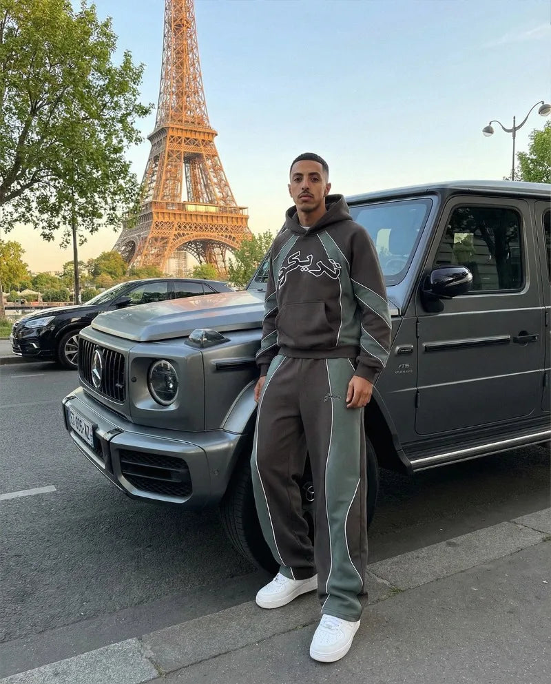 New Striped Splicing Letter Embroidery Sports Suit for Couples American Y2k Trendy Hoodie Hip-hop Harajuku Retro Sweatpants Men