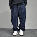 ‌Japanese Retro Washed Dark Blue Workwear Jeans Men Loose Straight Denim Pants Casual Skateboard Stacked Long Trousers Trendy