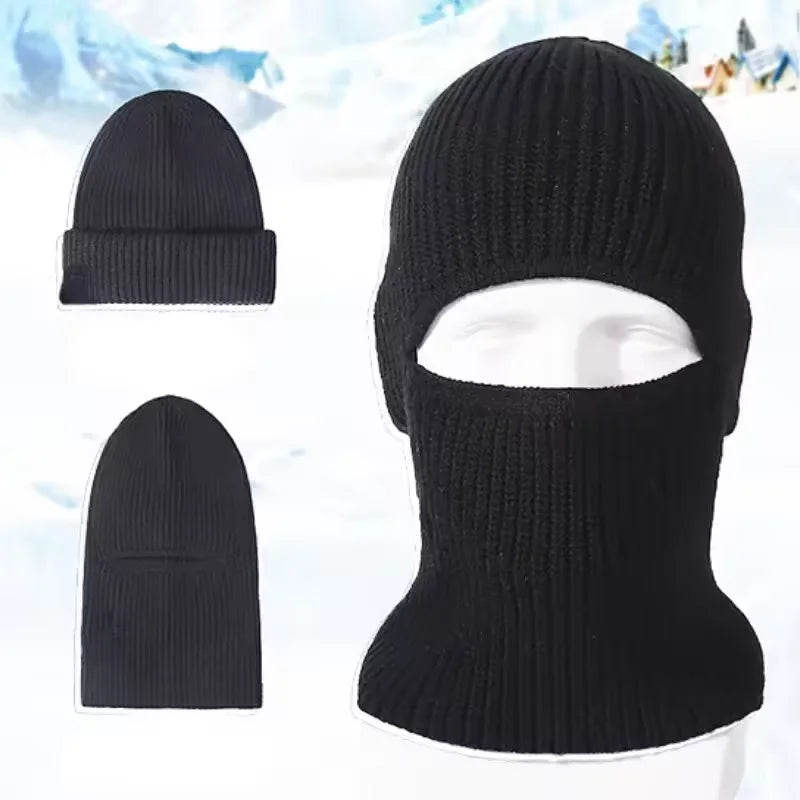 2 in1 Winter Mask Beanies Hats Warm Knitted Balaclava Hats Windproof Solid Full Face Ski Bonnet Tactical Cycling Earmuffs Cap