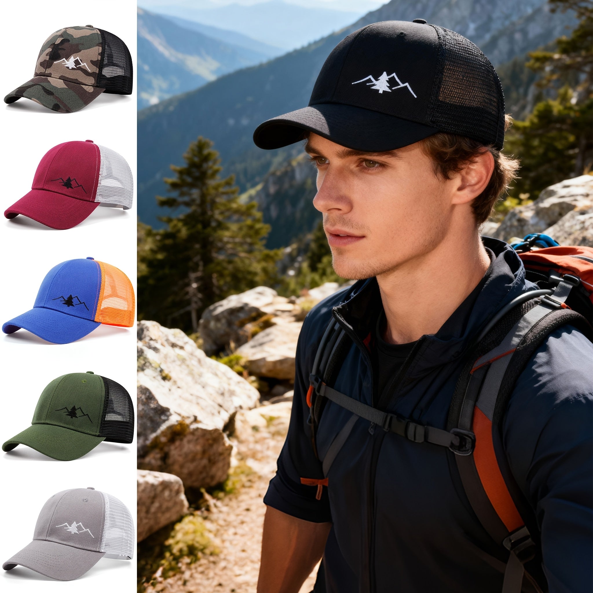 [Retro Washed Mesh Hat] Vintage Pine Tree Embroidered Trucker Cap | Retro Washed Mesh Hat, Outdoor Forest Style Baseball Cap for Men and Women