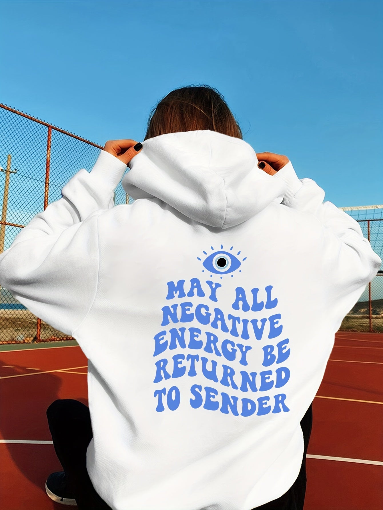 Big Eye & Sentence Print Hoodie, Casual Drawstring Kangaroo Pocket Hoodies Sweatshirt, Women's Clothing