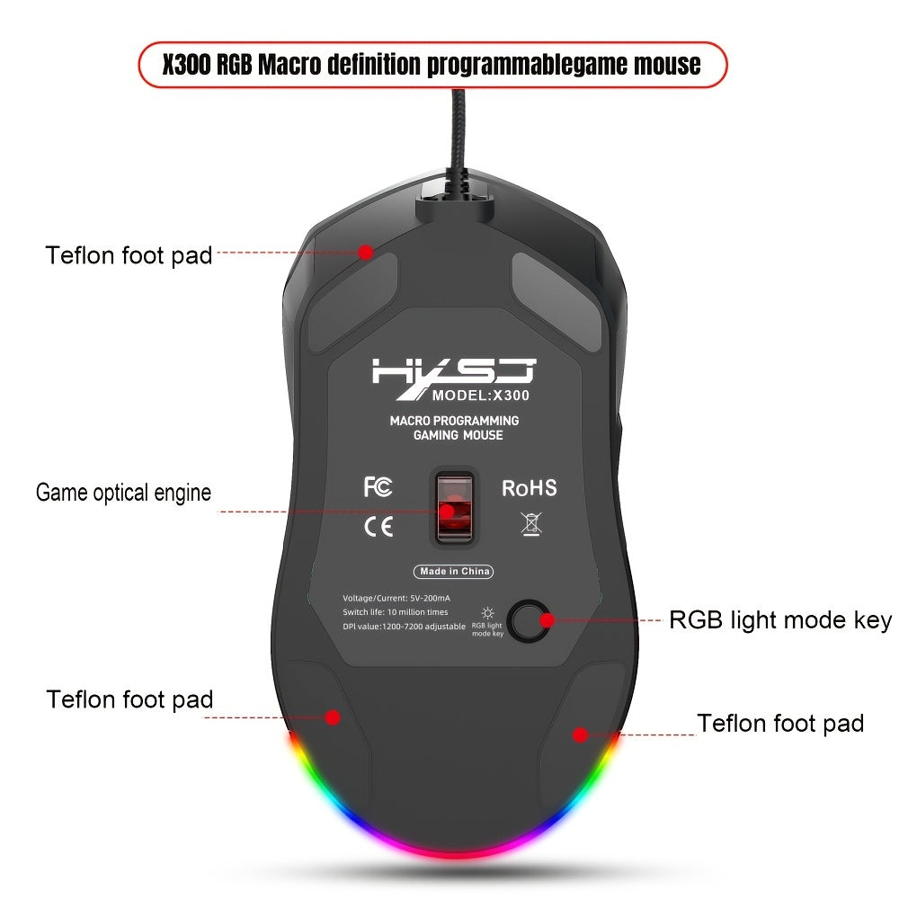 HXSJ New USB Wired Game Mouse - RGB Backlit Braid 7200DPI Adjustable Back Cover Replaceable Home Optical Mouse - For Gamers - Suitable for PC & Laptop - Perfect Gift for Gamers