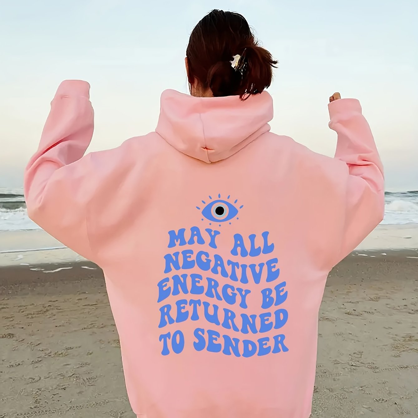 Big Eye & Sentence Print Hoodie, Casual Drawstring Kangaroo Pocket Hoodies Sweatshirt, Women's Clothing