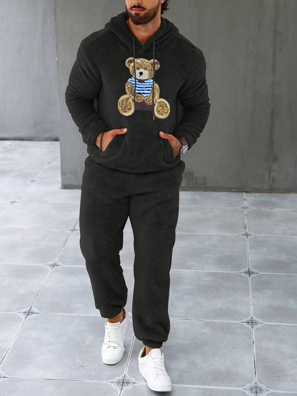 Men's Fuzzy Fleece 2Pcs Outfits, Casual Hoodies Long Sleeve Hooded Sweatshirt And Sweatpants Joggers Set For Winter Fall, Men's Clothing