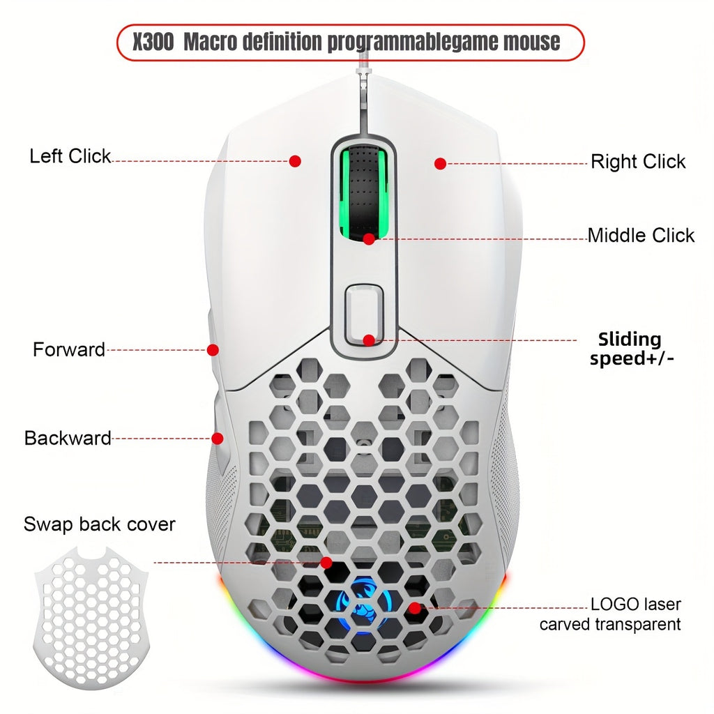 HXSJ New USB Wired Game Mouse - RGB Backlit Braid 7200DPI Adjustable Back Cover Replaceable Home Optical Mouse - For Gamers - Suitable for PC & Laptop - Perfect Gift for Gamers