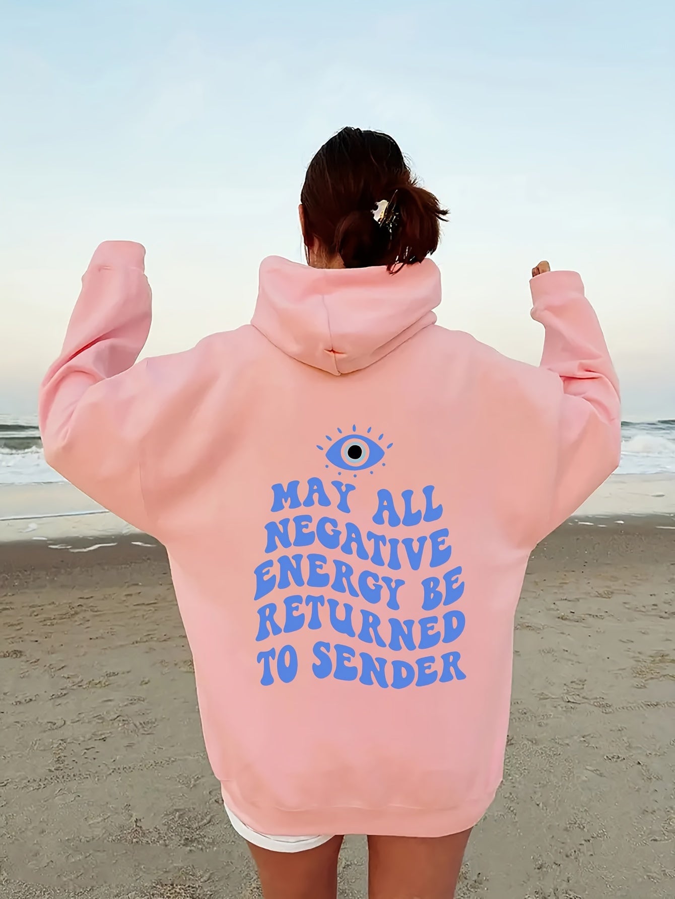 Big Eye & Sentence Print Hoodie, Casual Drawstring Kangaroo Pocket Hoodies Sweatshirt, Women's Clothing