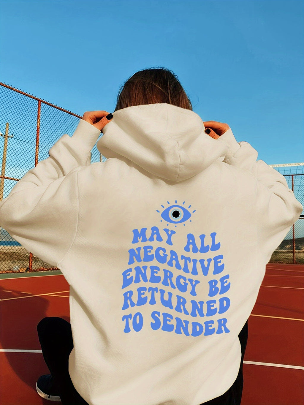 Big Eye & Sentence Print Hoodie, Casual Drawstring Kangaroo Pocket Hoodies Sweatshirt, Women's Clothing